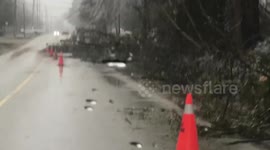 Canada: Broken Trees Block Road After Powerful Ice Storm in Innisfil, ON