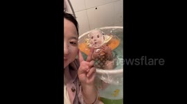 China:  Applying a Face Mask to a Baby 