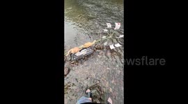 Genius camper sets up DIY water-powered rotisserie BBQ by river