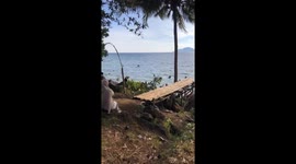 Person falls off ramp by the ocean during vacation video