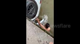 Passersby brave raging river to rescue driver trapped in car stuck under bridge