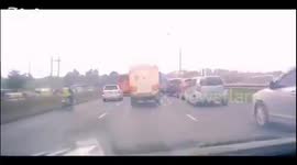 A Brookside truck moving at high speed crashes into a motorbike rider who was trying to maneuver through traffic in Nairobi. While most vehicles were either slowly moving or stuck in the jam, the truck suddenly plowed into the rider, causing a fatal impac