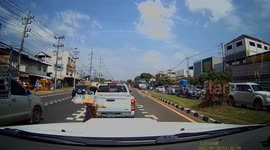 Out-of-Control Truck Hops Median and Almost Hits Pedestrian