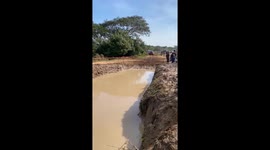 Crowd spring into action to help rescue driver after vehicle crashes into muddy pit during rally race