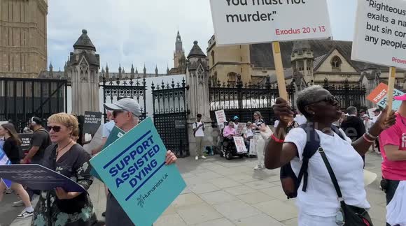 Assisted Dying Bill Protest in London  Supporters and opponents of the Assisted Dying Bill gather in Parliament Square on the day MPs vote. Supporters wearing pink call for choice and dignity; detractors in black carry slogans like “Kill the bill, not the