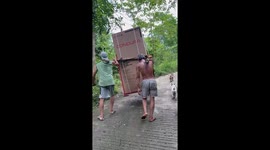 Kind neighbours use bamboo poles to carry appliances up remote hillside