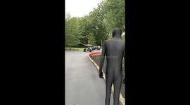Girl in golf cart cannot control herself after slender man begins a chase