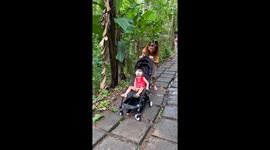 Mother shows the struggle of using a push chair on Bali's wonky pavements