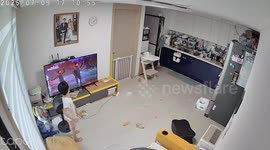 Little boy accidentally breaks TV while playing in front of it in Seoul, South Korea
