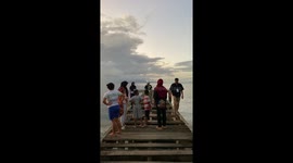 Boy plunges through gap in wooden pier