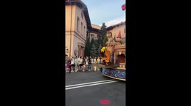 Staff in Puss in Boots costume faints on float at Universal Studios in Beijing, China