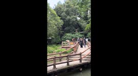 Woman shouts to trigger manually operated fountain in Hangzhou, China