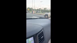 Car hangs off guardrail in unusual road scene in Philadelphia, Pennsylvania, USA