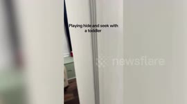 Toddler blows hide-and-seek cover with laughter