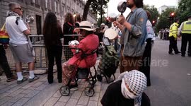 A mountain of pots and pans laid outside Downing Street to represent 1,000 Gazans who have been shot queuing for food