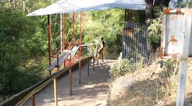 Devotees slide on handrail to go down steep temple stairway in Thailand