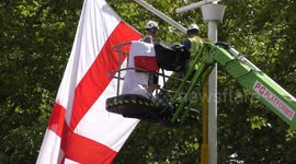 England and Union flags are flown on the Mall and staging is erected on the Queen Victoria Memorial in Westminster ahead of The Lionesses Homecoming Parade