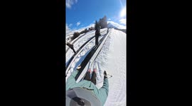 Skier’s treadmill exit goes awry as slip turns into a hilarious fall and ride