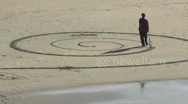 Boardmasters festival 2025, Sand Artist Sean Corcoran, Fistral Beach, Newquay, UK
