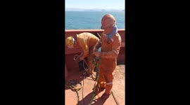 Seamen descend side of ship to remove cable tangled on anchor
