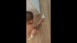 Brave toddler catches bug on floor while mum cheers him on