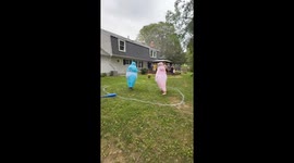 Gender reveal party features funny costume fight in Harford County, Maryland, USA