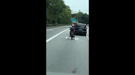 Pigeon flies alongside motorcycle rider on busy road