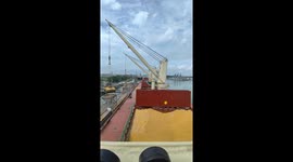 Cranes unload cargo from ship docked in Mexico