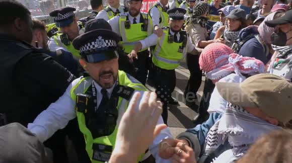 Scuffles ERUPT outside Excel Centre in London where protesters try to stop arms fair