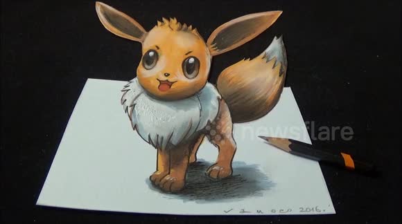 Drawing a 3D Eevee, from Pokémon GO, Trick Art
