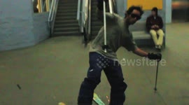Man skis down escalators in Oregon and Utah