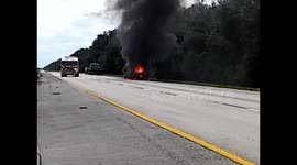 Truck on tow truck caught fire