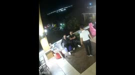 Beanbag bursts covering men in foam in İstanbul, Turkey