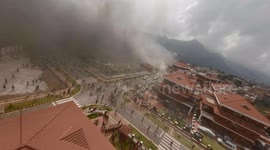 Drone footage captures dramatic scenes as protesters set fire to Nepal’s ministerial quarters, offering a rare aerial perspective of the unfolding unrest.