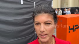 BSW party leader Sahra Wagenknecht speaks during the pro-Palestinian rally at the Brandenburg Gate on September 13, 2025