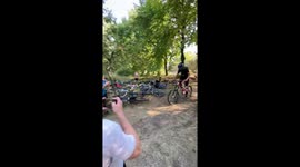 Bicycle mishap on cliff in Kyiv, Ukraine