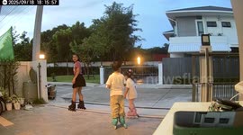 Mum topples over and lands on backside while rollerblading with children