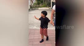 Tearful little boy begs for mum not to leave but quickly stops when bribed with money