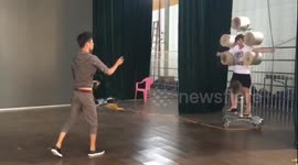 This man is an expert at throwing axes