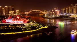 View of the amazing chongqing skyline from a unique high vantage point as the city lights up at night