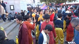 Young Indian artists get ready with their makeup at DIWALI 2025 celebrations on Trafalgar Square - London