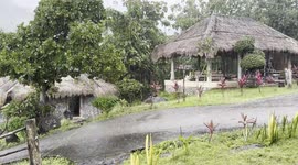 rainy day at a tropical resort in amed, bali with water running down the hill