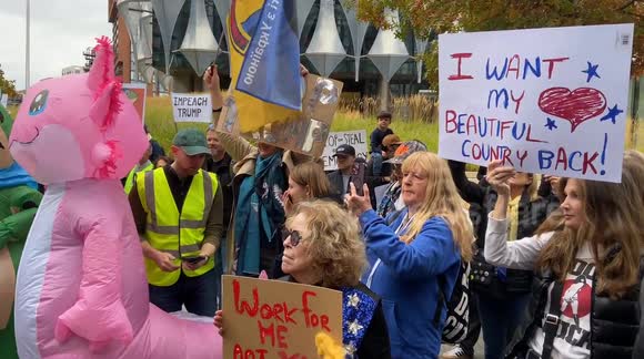 Frogs Against Fascism join the No Kings protest against Trump at the US Embassy in London