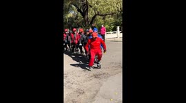 Seniors enjoy group activity on wheeled seats in Liaoning, China