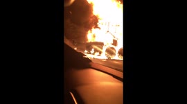 Close-up footage of crane on fire after explosion on the M40 last night