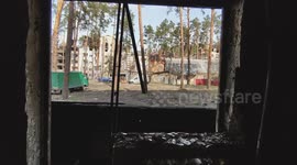 Burned residential apartment in Irpen, Kyiv region, Ukraine, filmed on 20.04.2022, showing severe fire damage after Russian shelling during the ongoing war.