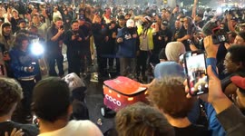 US, Los Angeles: Downtown Los Angeles Dodgers Fans Graffiti Bus And Jump Onto Fire Truck Part 4