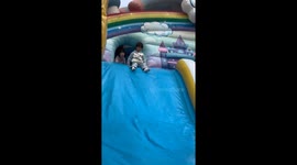 Kid’s hair stands up from static electricity after sliding on inflatable in Anhui, China