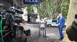 Palestine Action Group leader Josh Lees speaks to the media after weapons expo blocked in Sydney, Australia