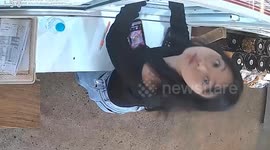 Terrifying moment snake falls onto woman from office ceiling